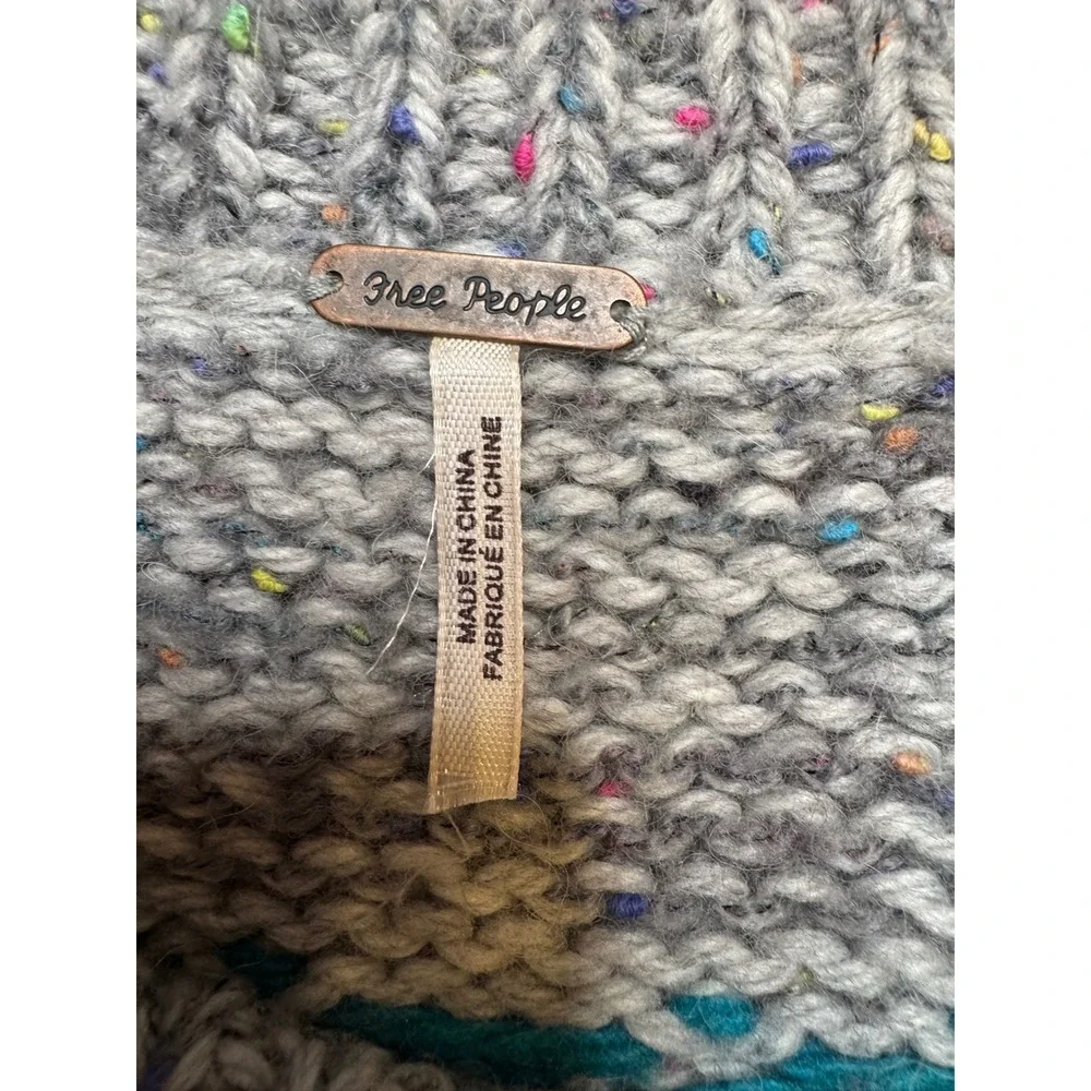 Free People Grey Pink Teal Geometric Intarsia Wool Alpaca Blend‎ Cropped Sweater